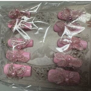 Press On Nails Pink Bow Glitter Sparkle False‎ Nails Set Women's Manicure
